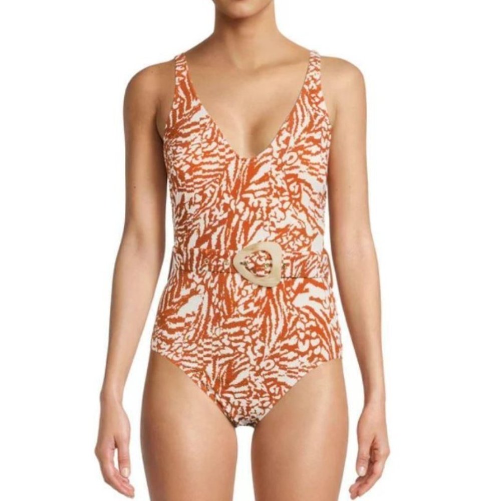 NEW Choose Sz Small or Medium Brown Print Removeable Pads 1 Pc Belted Swimsuit